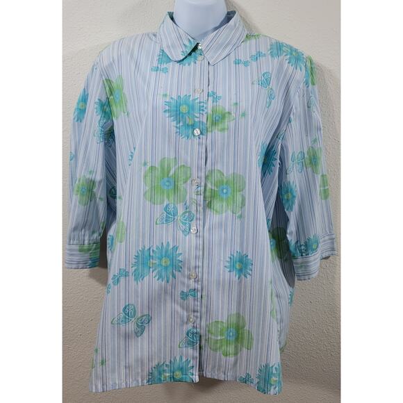 Allison Daley Blue Green Striped Floral Butterflies Button Up Top 16 Lightweight - Picture 1 of 4
